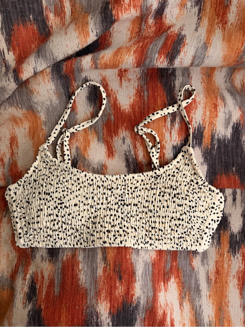 Xhilaration Cream Smocked Bikini Top with Black Dot Print